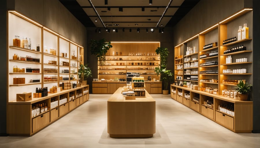 Interior view of Delta-8 retail display fixtures with natural wood shelving and product bottles