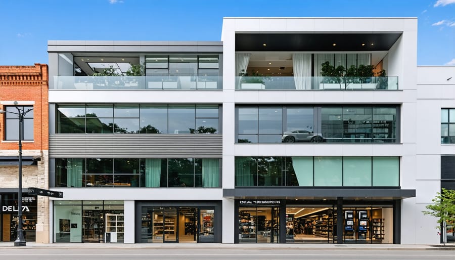 Contemporary Delta-8 retail store exterior featuring wood and glass facade design
