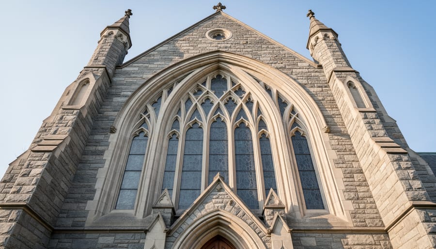 Detailed view of Gothic pointed arch window with ornate stone tracery in Ontario limestone