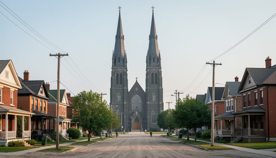 Gothic church spire rising prominently above historic Ontario town rooflines at sunset