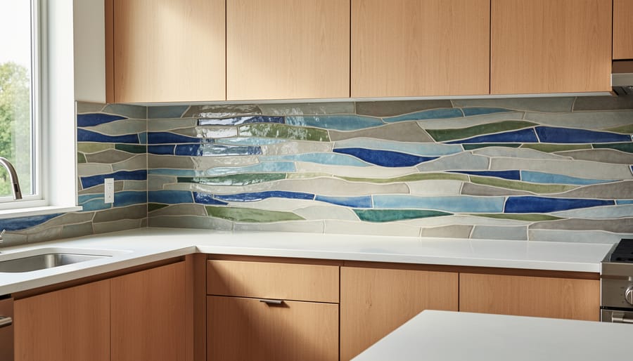 Handmade ceramic tile backsplash in blue tones inspired by local Grand River