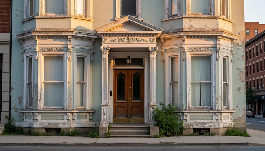 Derelict Victorian terraced house facade with missing windows and exposed brickwork on a quiet UK street