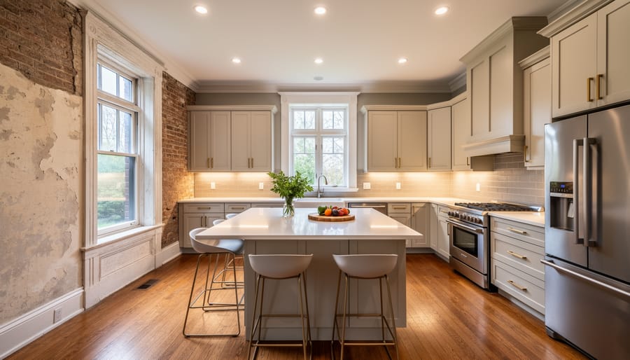 Renovated Victorian kitchen showing exposed brick wall integrated with modern white cabinetry