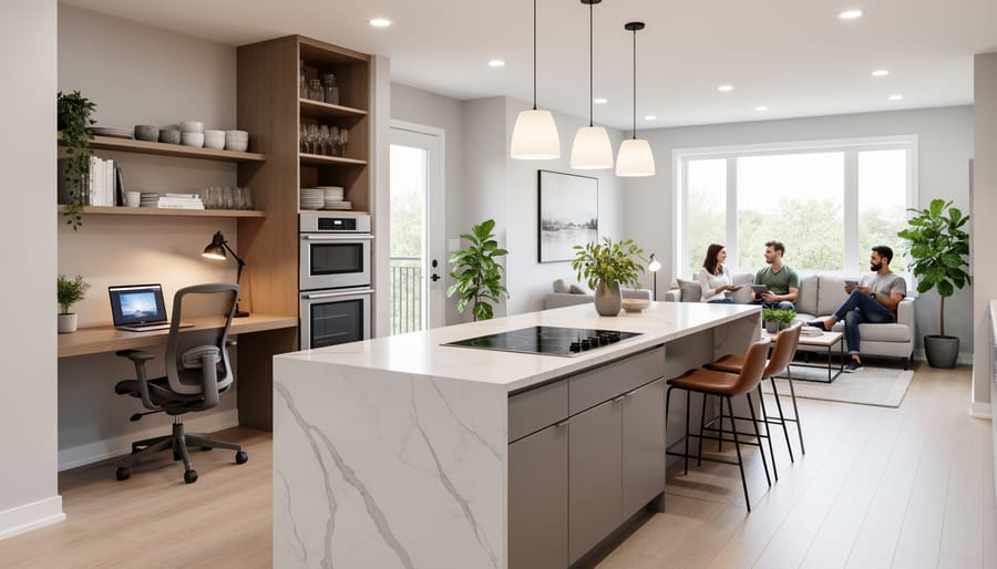 Open concept kitchen with defined work zones including integrated home office space