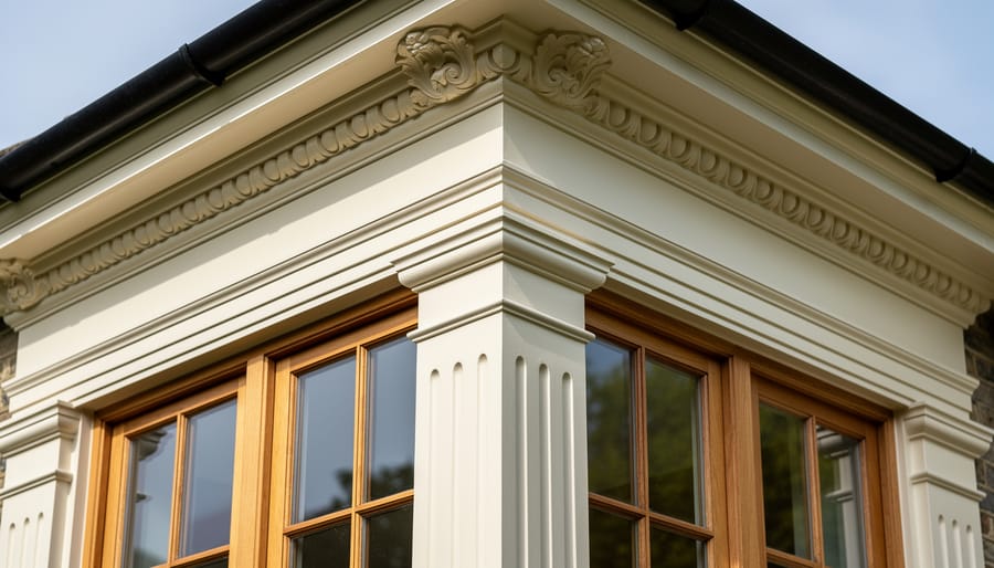 Close-up view of ornate ceiling cornicing and restored sash window frames inside a UK renovation property