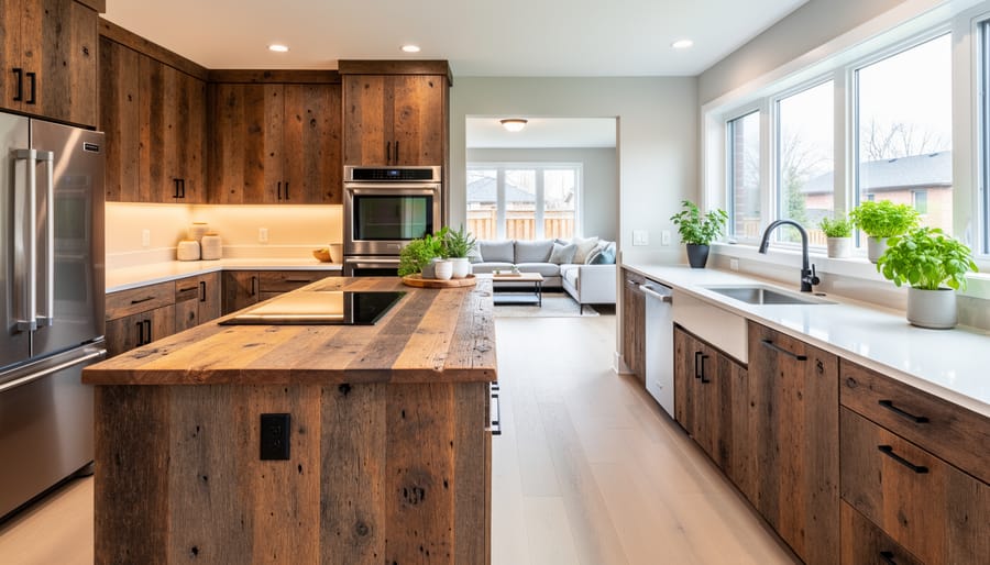 Reclaimed barn wood shelving in modern kitchen renovation showing weathered wood grain texture