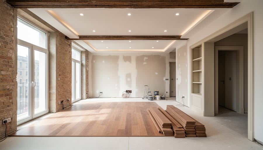 Wide view of a renovation interior showing exposed brick and newly plastered walls under daylight