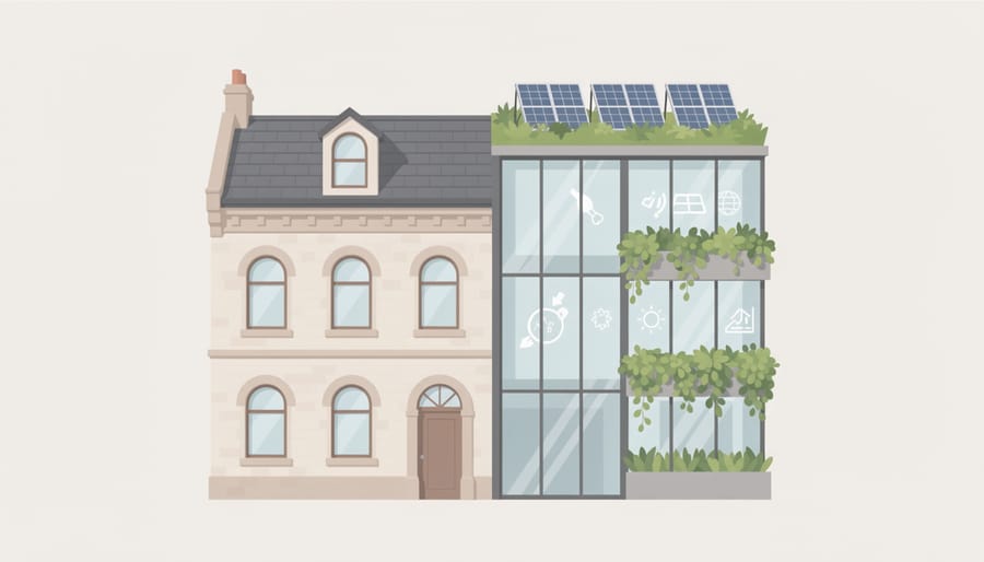 Restored UK home exterior with solar panels and fresh facade finish glowing in golden hour light
