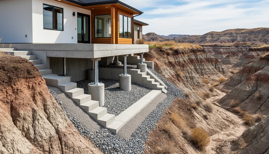 Close-up of a badlands house foundation edge anchored at exposed eroded terrain