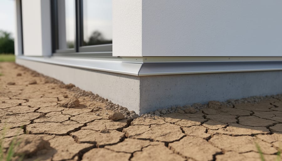 Close-up of material junctions where a contemporary house meets exposed clay at Ontario Badlands