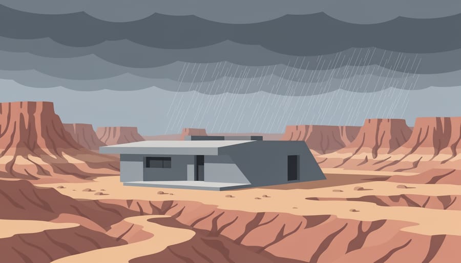 Distant view of a badlands house silhouetted against a stormy sky over eroded terrain