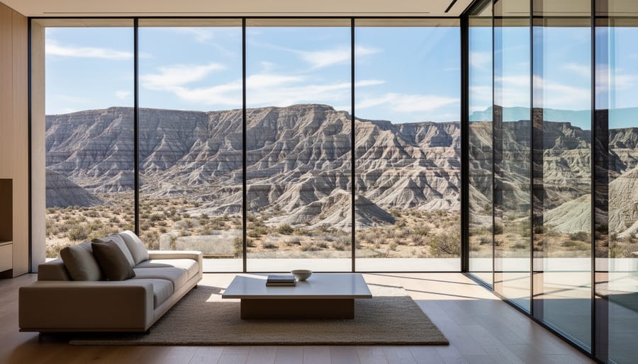 Interior view of a badlands house looking out through large windows at exposed clay bluffs
