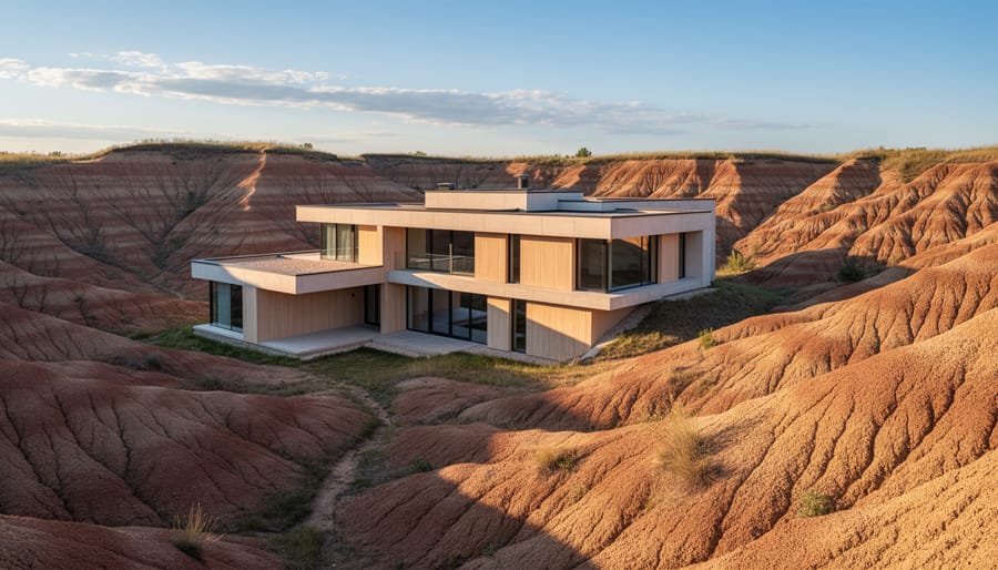 Modern house perched on rugged Ontario badlands clay bluffs under an overcast sky