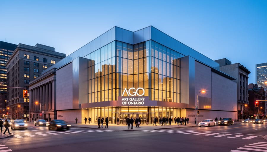 Exterior view of the Art Gallery of Ontario at dusk with city lights in the background