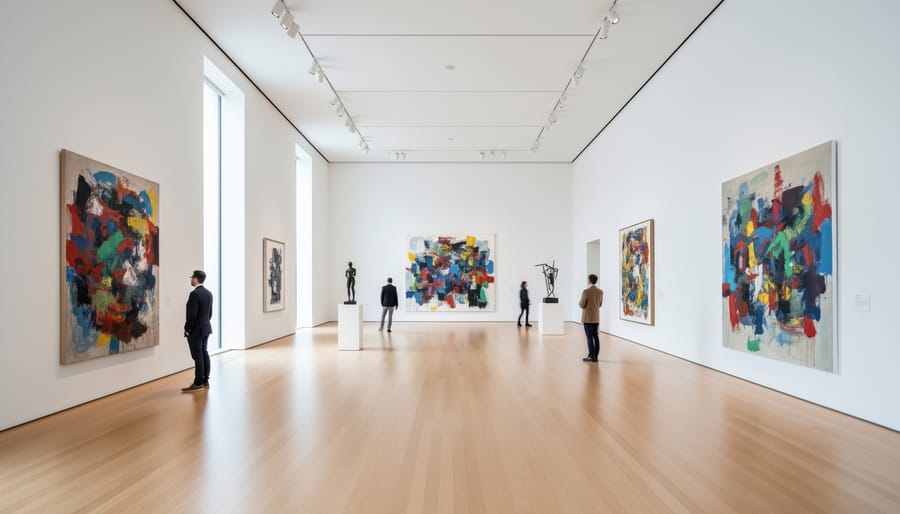 Bright modern museum gallery interior with skylights and empty white walls