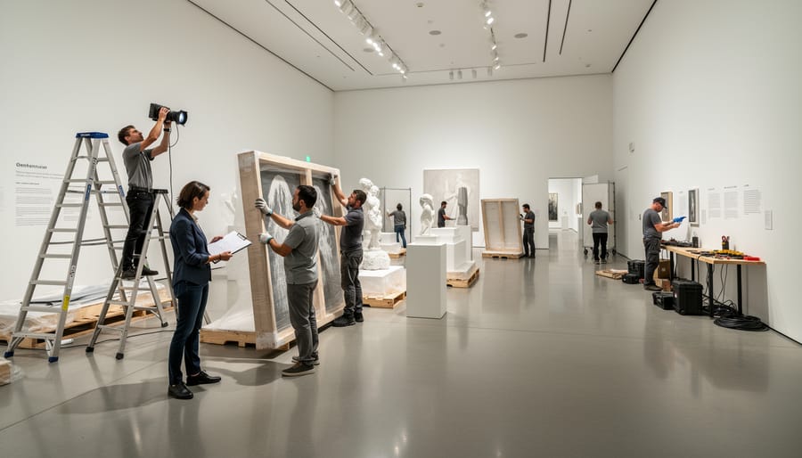 Museum workers carefully installing artworks in a modern gallery space