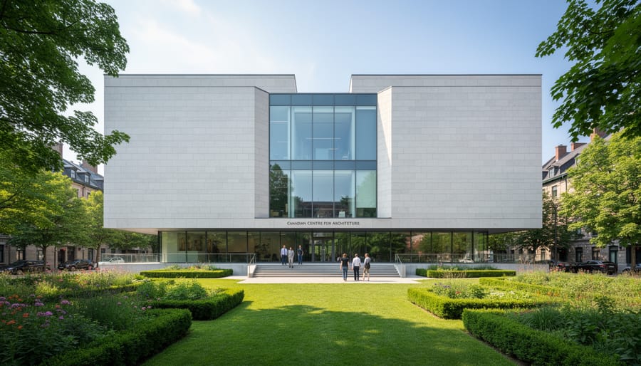 Exterior view of the Canadian Centre for Architecture building in Montreal with glass and stone facade.