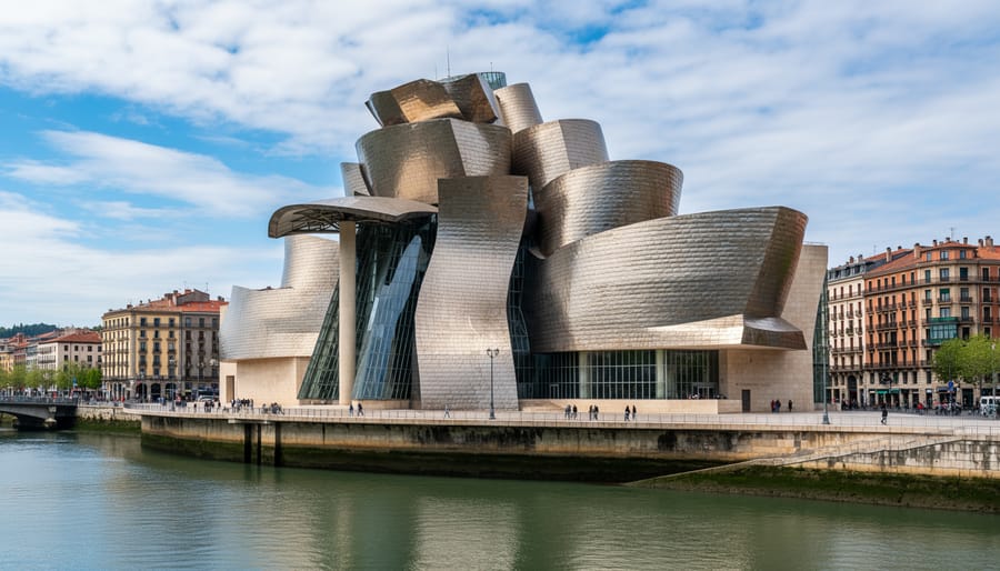 Low-angle view of the Guggenheim Museum Bilbao showing its titanium-clad sculptural facade.