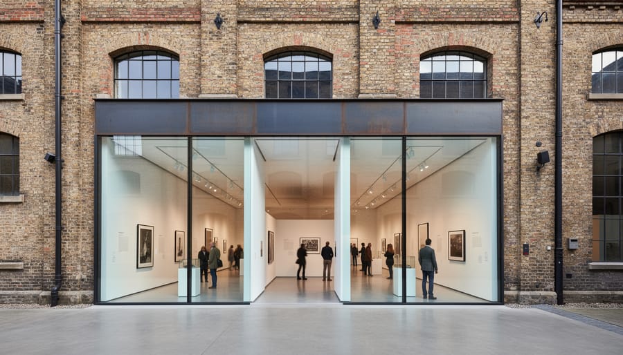 Exterior view of Kanal, Centre Pompidou showing renovated industrial building elements with modern glass facade.