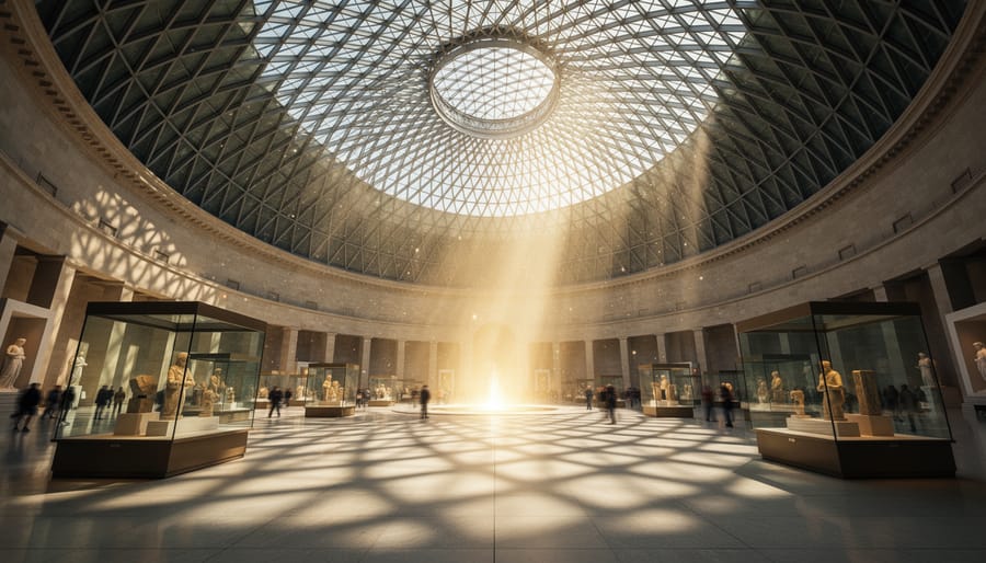 Interior view of Louvre Abu Dhabi with sunlit light patterns under the dome over gallery visitors.