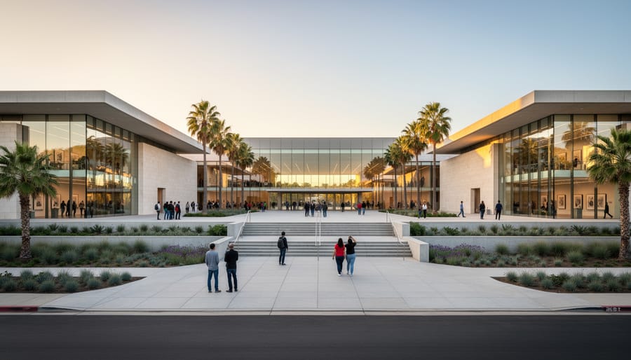 Wide exterior view of the Lucas Museum of Narrative Art in Los Angeles with visitors approaching the entrance.