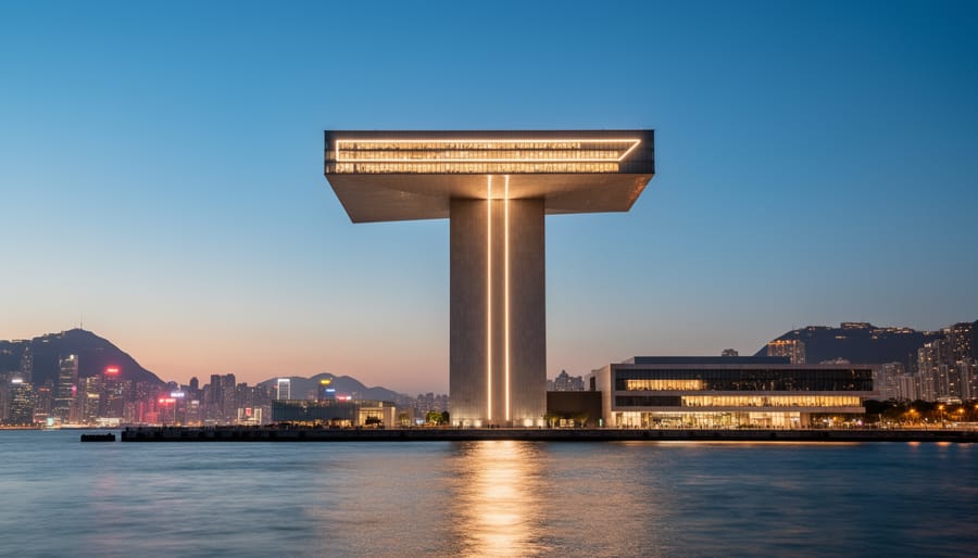 Exterior view of M+ Museum in Hong Kong showing its distinctive tower and LED-integrated facade.