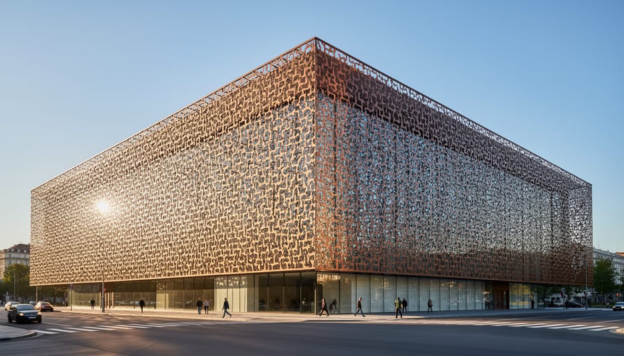 Bronze lattice facade of the National Museum of African American History and Culture in Washington, D.C.