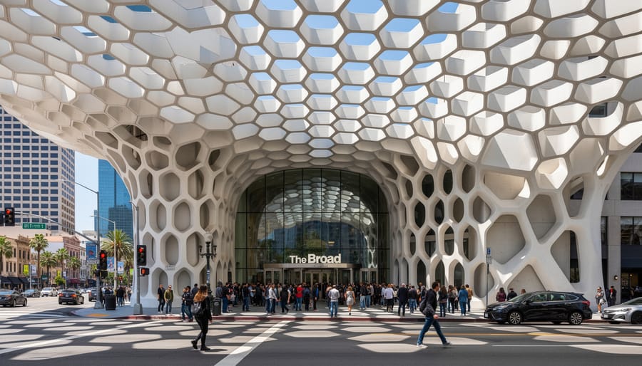 Exterior view of The Broad in Los Angeles with the honeycomb-like facade and public plaza in front.