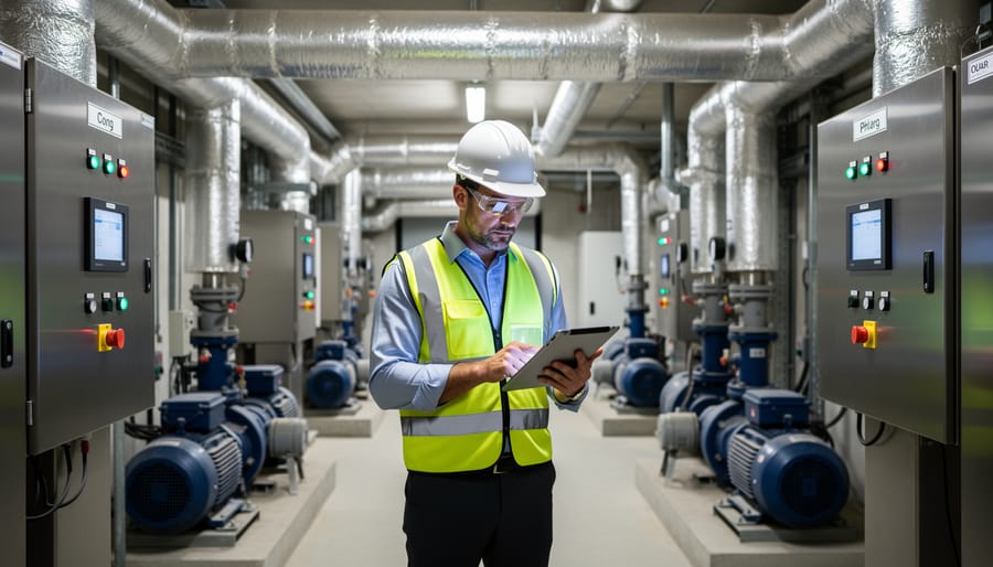 Facilities manager in a mechanical plant room monitoring HVAC equipment while holding a tablet.