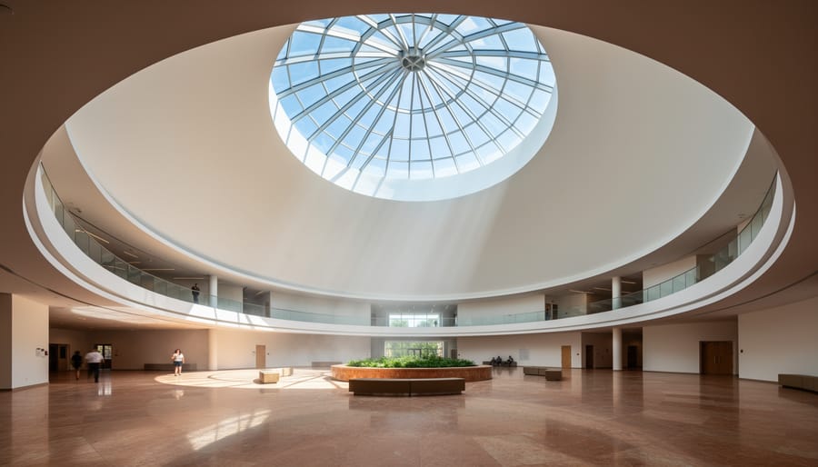 View upward into the Guggenheim Museum’s central skylight and surrounding spiral gallery levels
