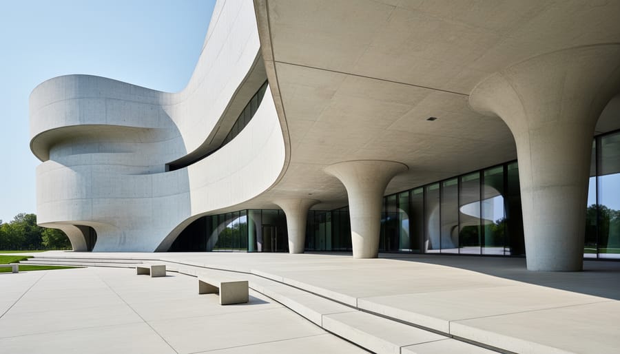 Curved concrete wall surfaces inside the Guggenheim Museum photographed with soft light emphasizing form
