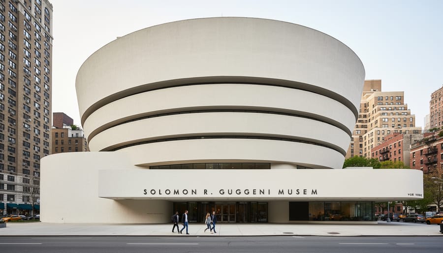Low-angle view of the Guggenheim Museum exterior with its smooth curved stone facade under an overcast sky
