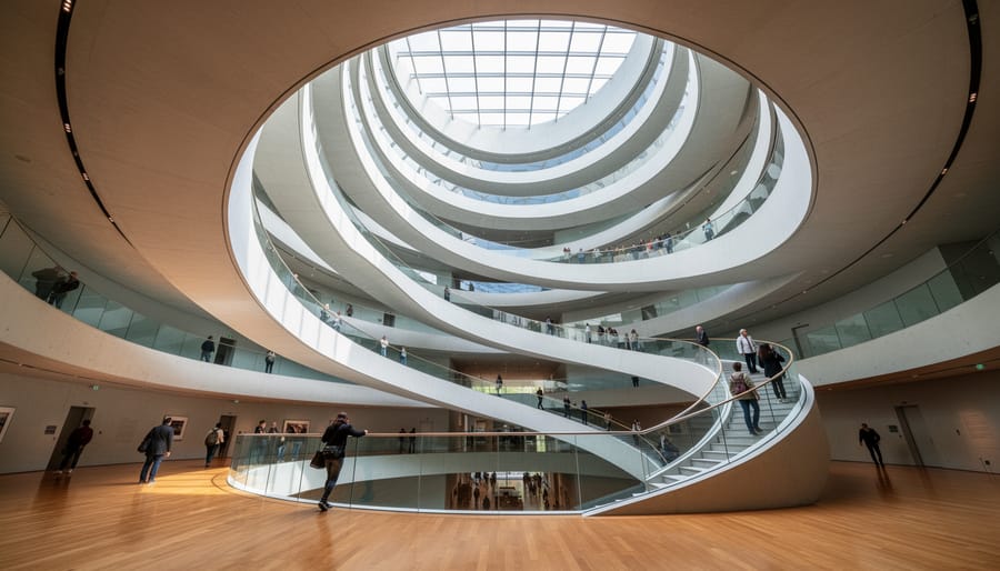 Visitors walking on the Guggenheim’s interior spiral ramp beneath a central skylight