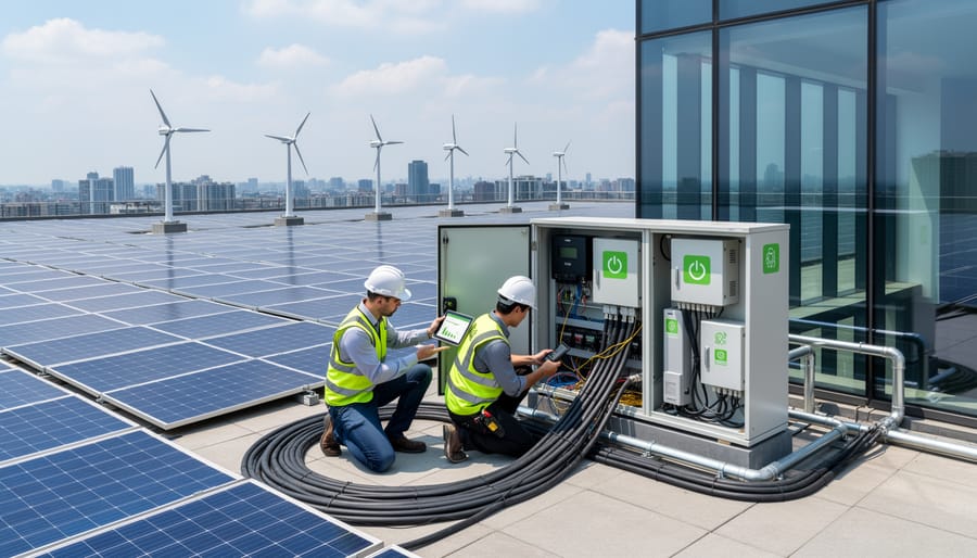 Rooftop solar panels with an operator standing beside an inverter cabinet during late afternoon light.